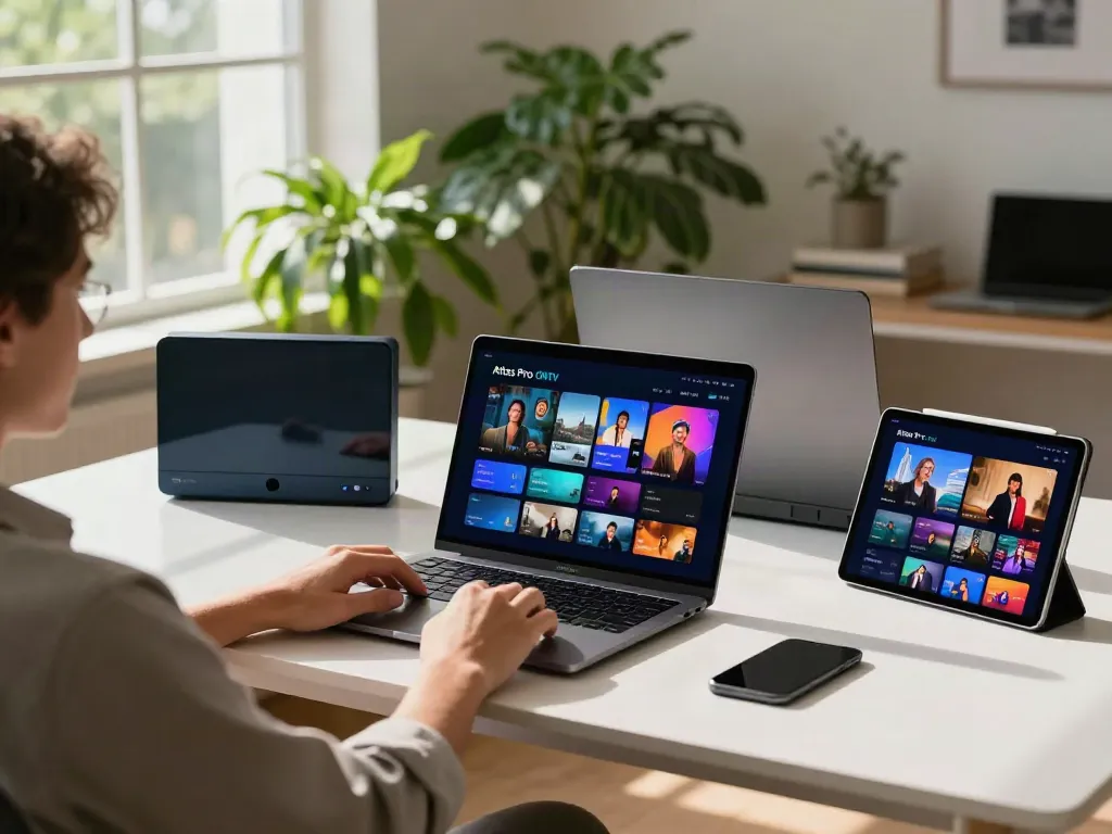 Interface d'Atlas Pro ONTV sur un bureau moderne avec des appareils technologiques.