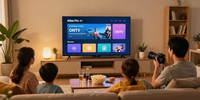 Profitez d'Atlas Pro ONTV avec votre famille dans un salon confortable, visionnant des chaînes en direct.