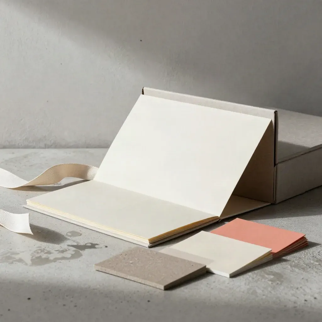 Kit de lancement PME en boîte rigide, inserts papier, ruban de lin et échantillons neutres dans un atelier lumineux.