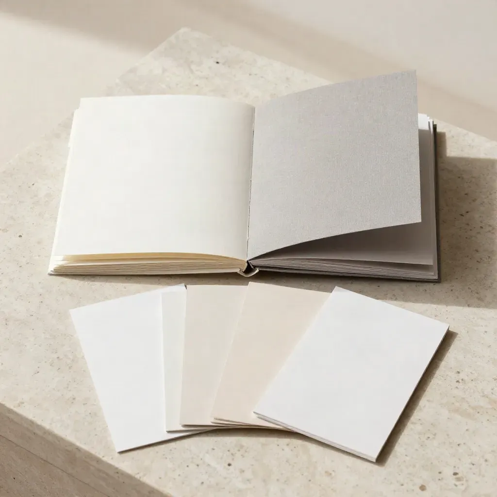 Kit de charte graphique en vue zénithale sur travertin clair, papier et étui plié.