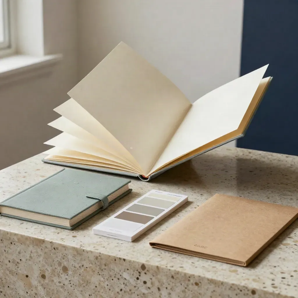 Folio d’audit de marque ivoire, nuanciers et papier kraft sur travertin, lumière douce.
