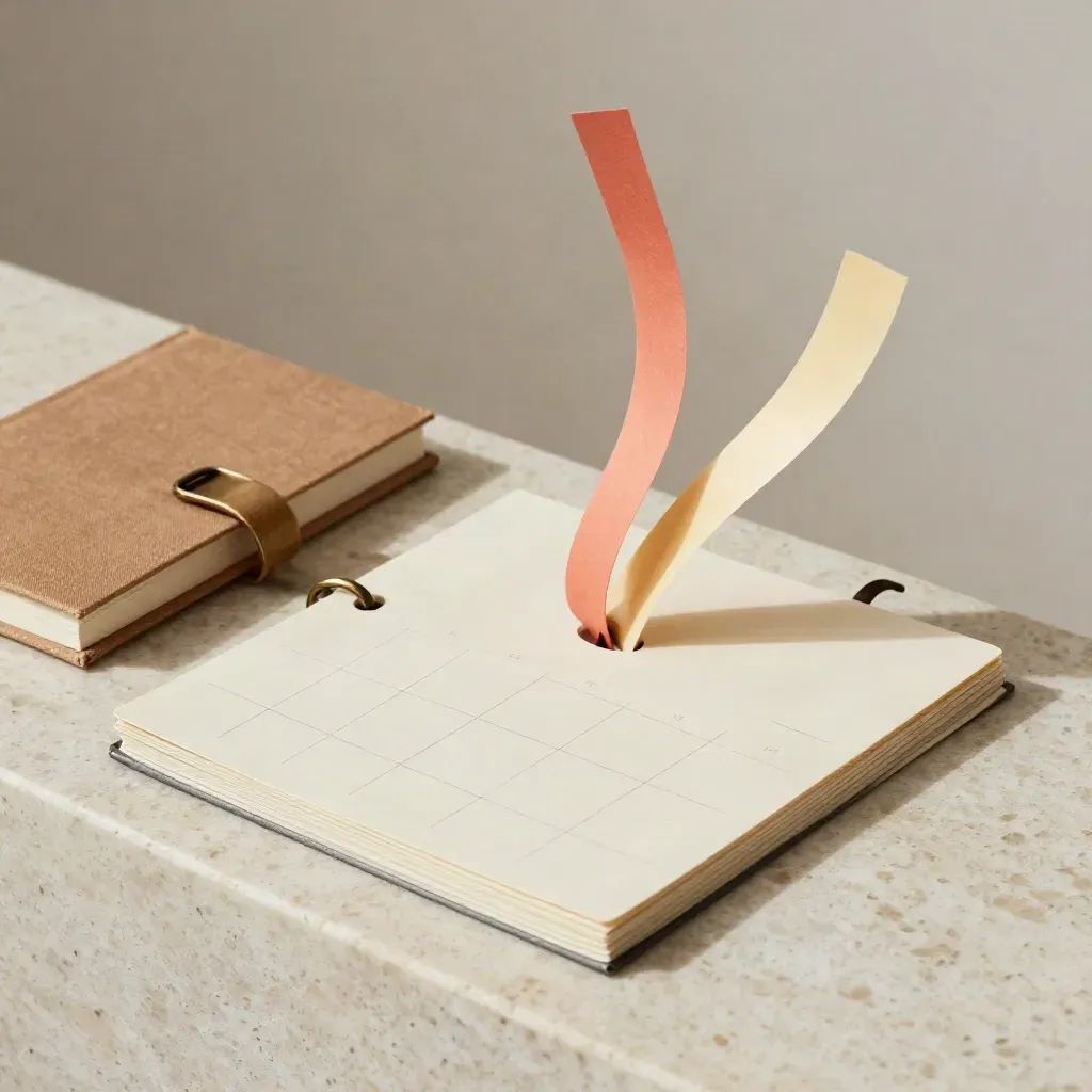 Calendrier Instagram en cartes vierges avec carnet fermé et bandes papier corail sur travertin.
