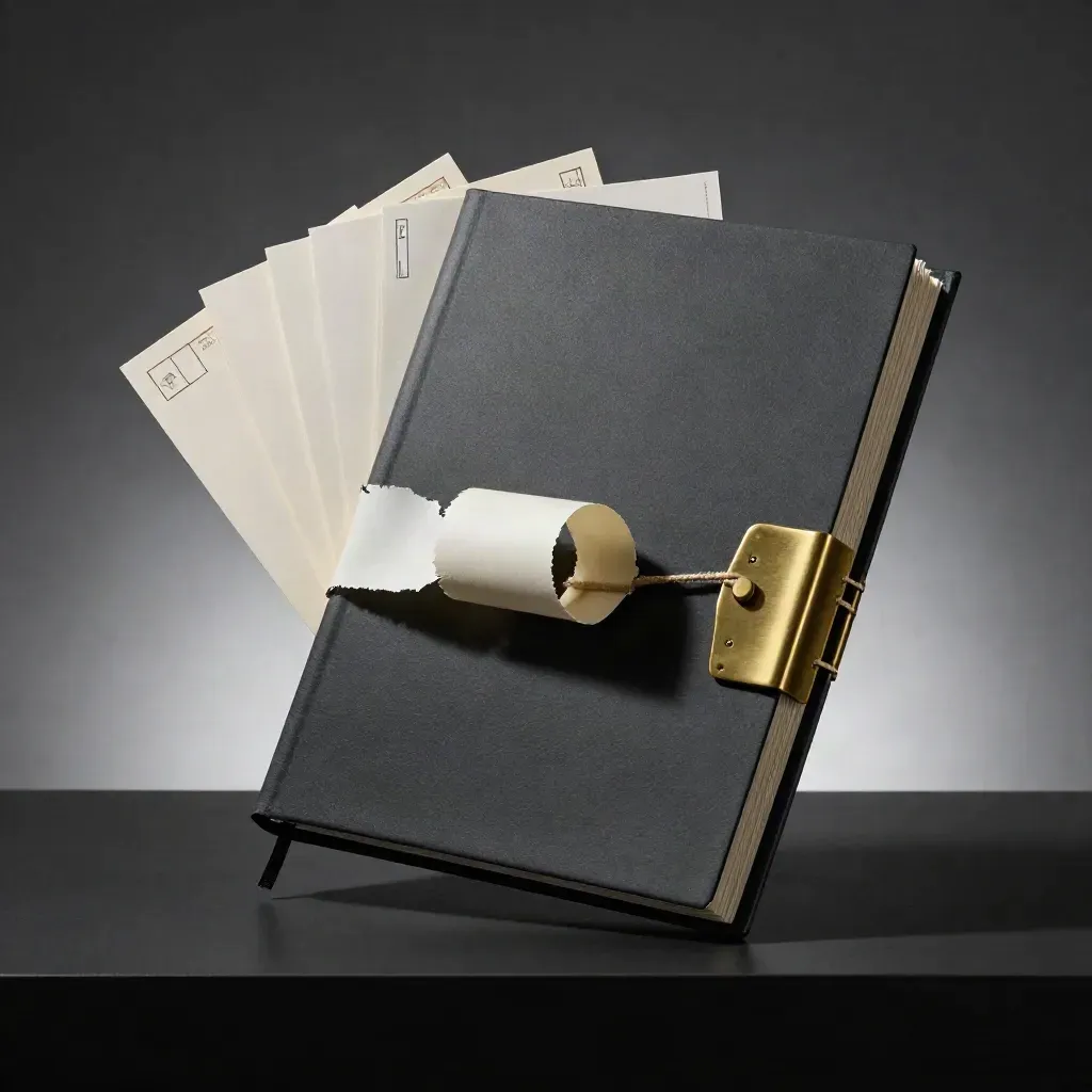 Pack éditorial LinkedIn rigide, cartes vierges et ruban papier sur socle noir, lumière dramatique.