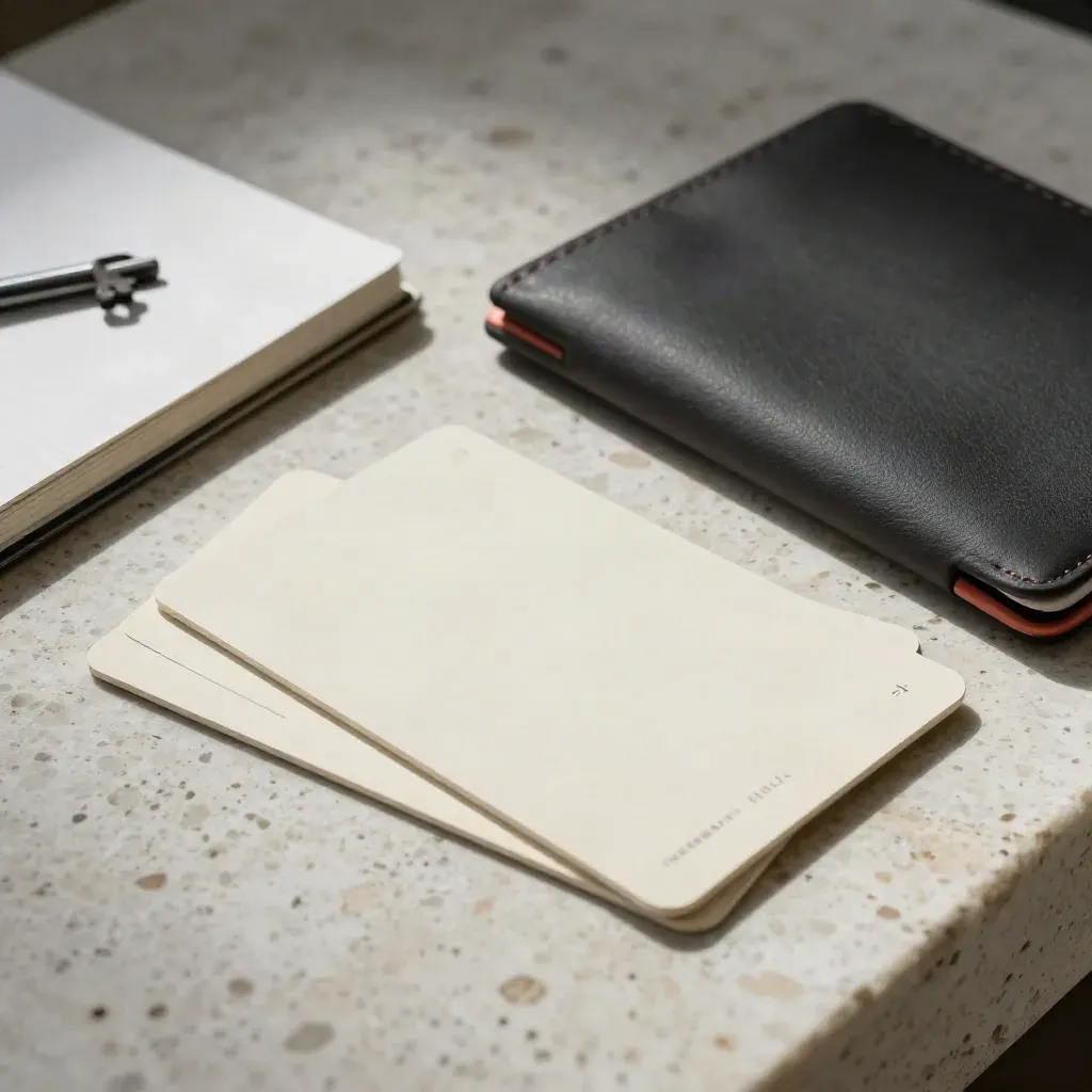 Kit d’audit Instagram ouvert sur travertin, cartes vierges, carnet fermé et pochette corail.