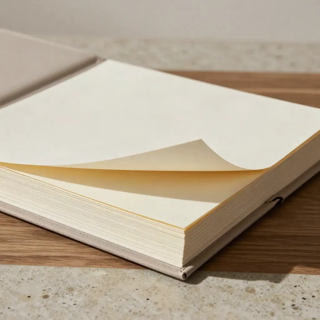 Feuille de service épaisse à moitié sortie d’une chemise souple, lumière rasante, tons crème et lin.