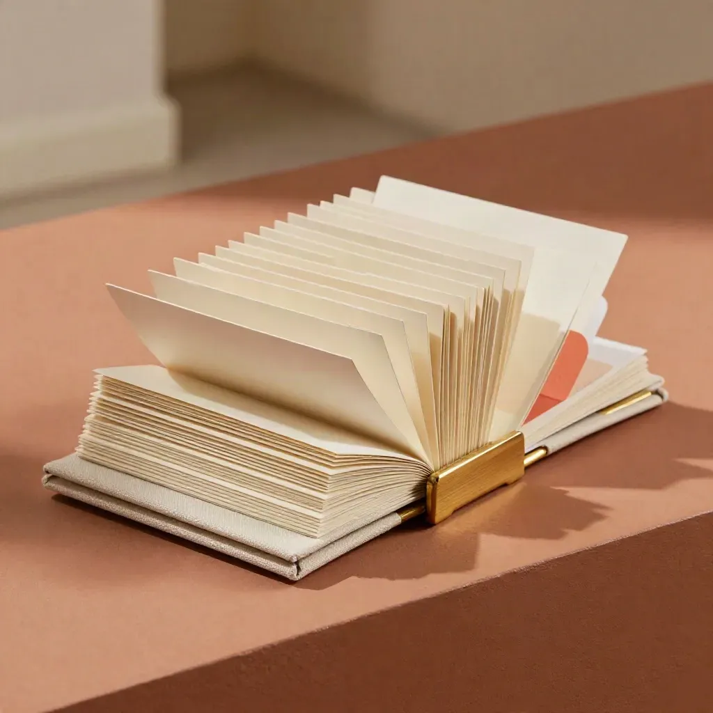 Pile de 12 cartes de contenu sur fond terracotta, avec onglets discrets et accent doré.