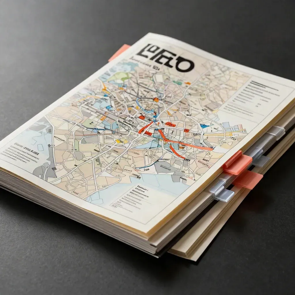 Kit SEO local Lyon avec cartes abstraites de quartiers, dossier de zone et repères géométriques.