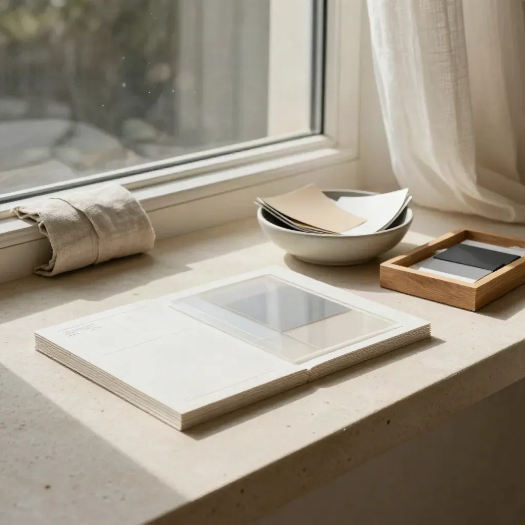 Atelier lumineux en chêne et pierre crème avec boards de marque, céramique mate et rideau léger