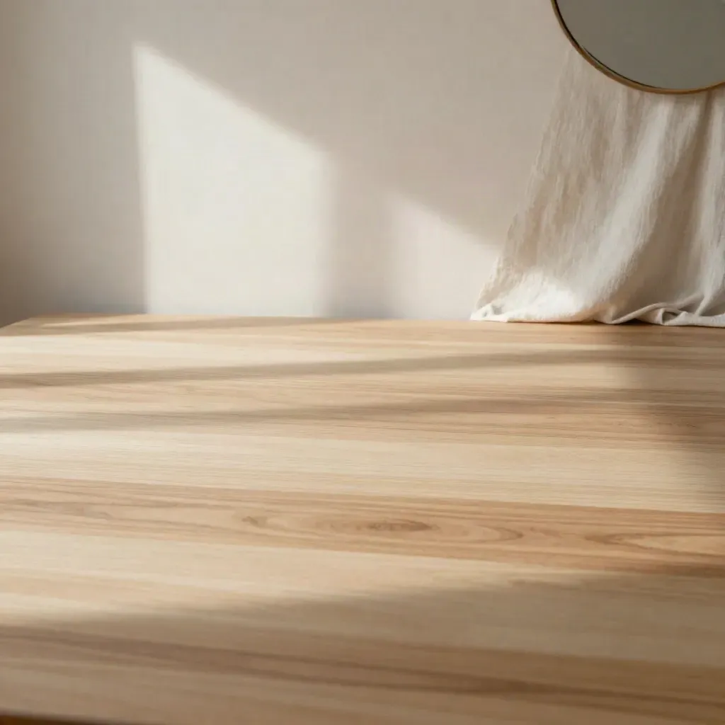 Table de noyer blond, mur crépi clair, linge fin et miroir discret dans une lumière du matin.